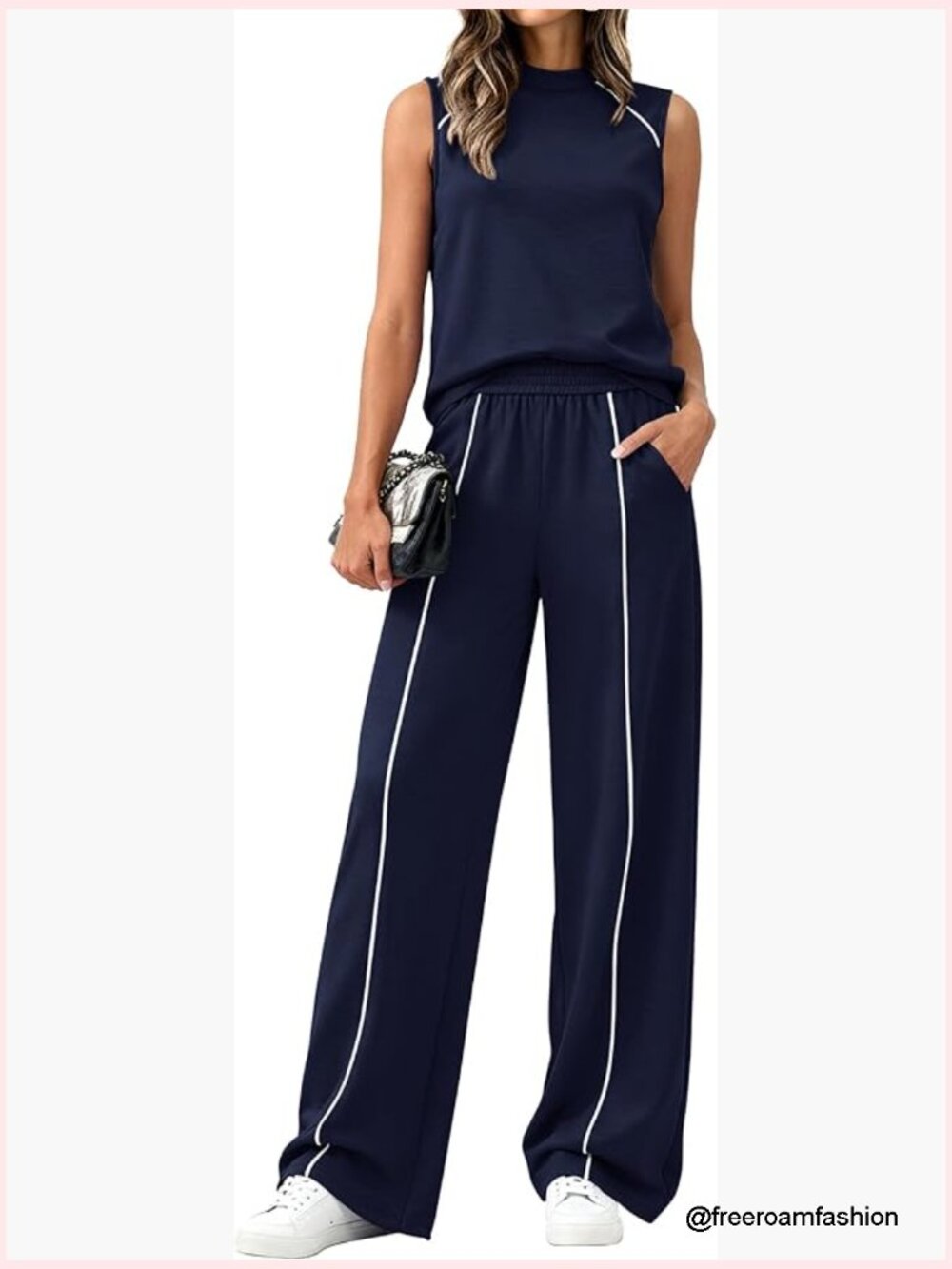 Two Piece Lounge Set Mock Neck Sleeveless Top Wide Leg Pants